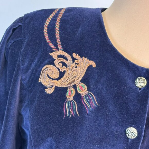 Vintage 80's Plaza South Blue Embroidered Velvet Button-Up Jacket Womens Size 12 - Picture 2 of 11